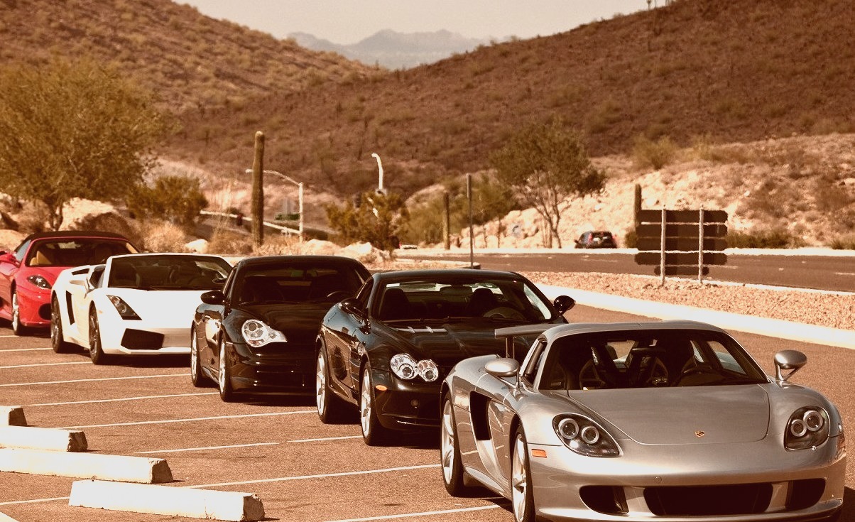 Ferrari F430 Spider, Lamborghini Gallardo Spyder, Porsche 911 GT3 (996), Mercedes McLaren SLR and Porsche Carrera GT